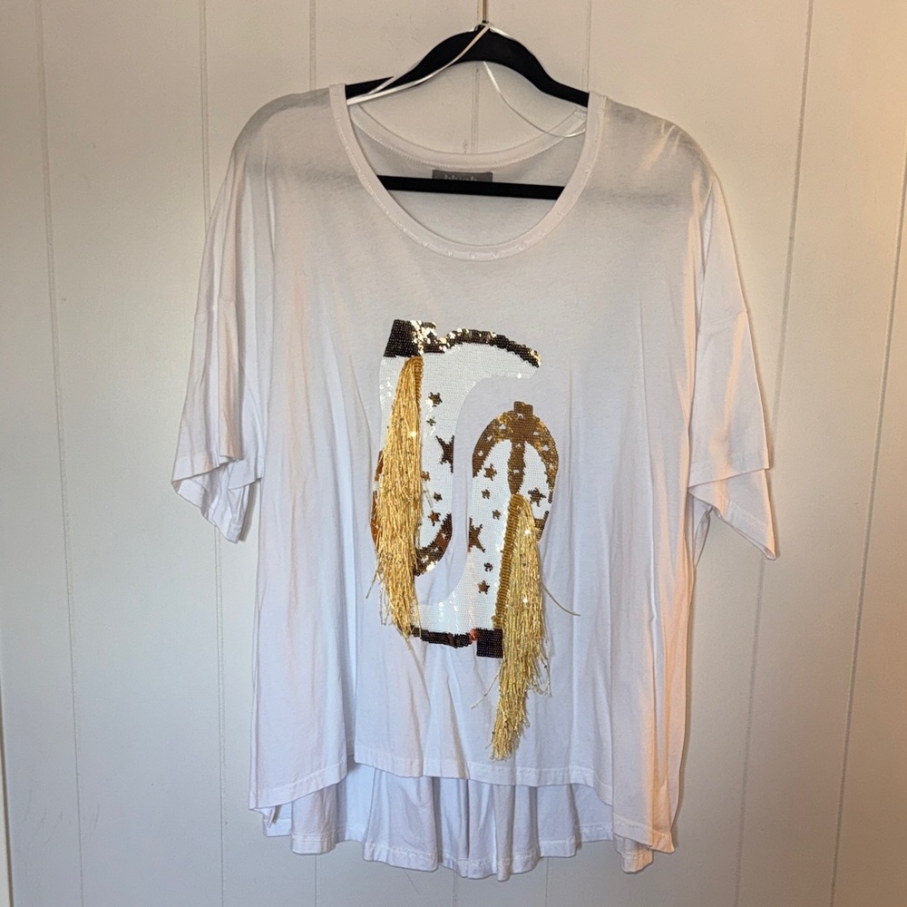 NWOT! Blueb. White and Gold Cowboy Boots with Fringe and Sequins Size L